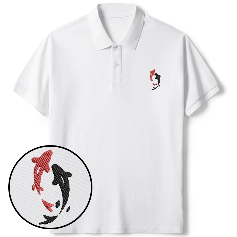 Tokyo-Tiger Two Koi Carps Embroidered Polo T-Shirt