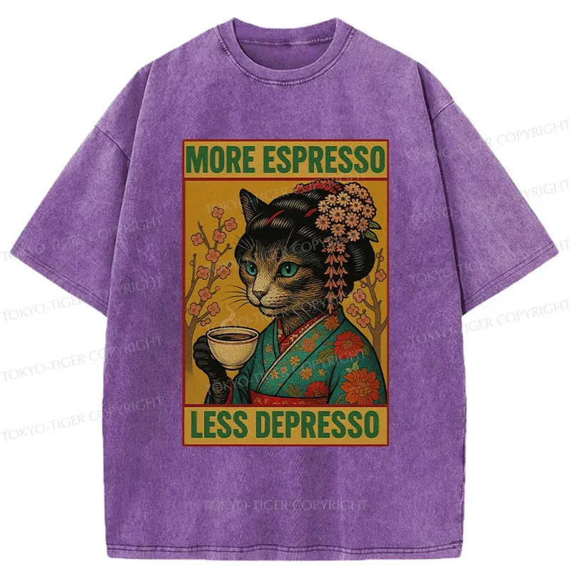 Tokyo-Tiger Geisha Cat Drinking Coffee Washed T-Shirt