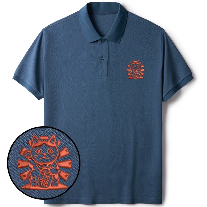 Tokyo-Tiger Japanese Lucky Cat Embroidered Polo T-Shirt