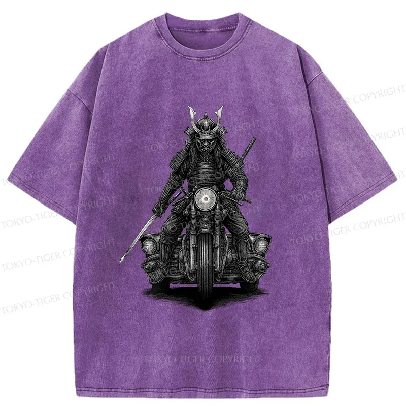 Tokyo-Tiger Samurai Riding A Motorcycle Washed T-Shirt