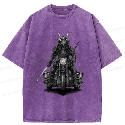 Tokyo-Tiger Samurai Riding A Motorcycle Washed T-Shirt