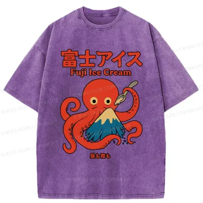 Tokyo-Tiger Octopus Eating Mount Fuji Washed T-Shirt