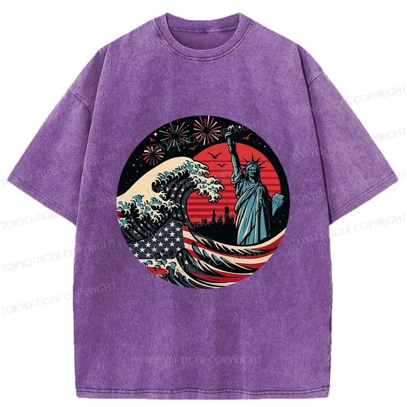 Tokyo-Tiger Independence Day And Waves Washed T-Shirt