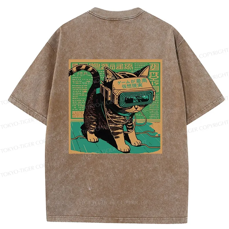 Tokyo-Tiger Cyberpunk Sci-Fi Cat Back Washed T-Shirt