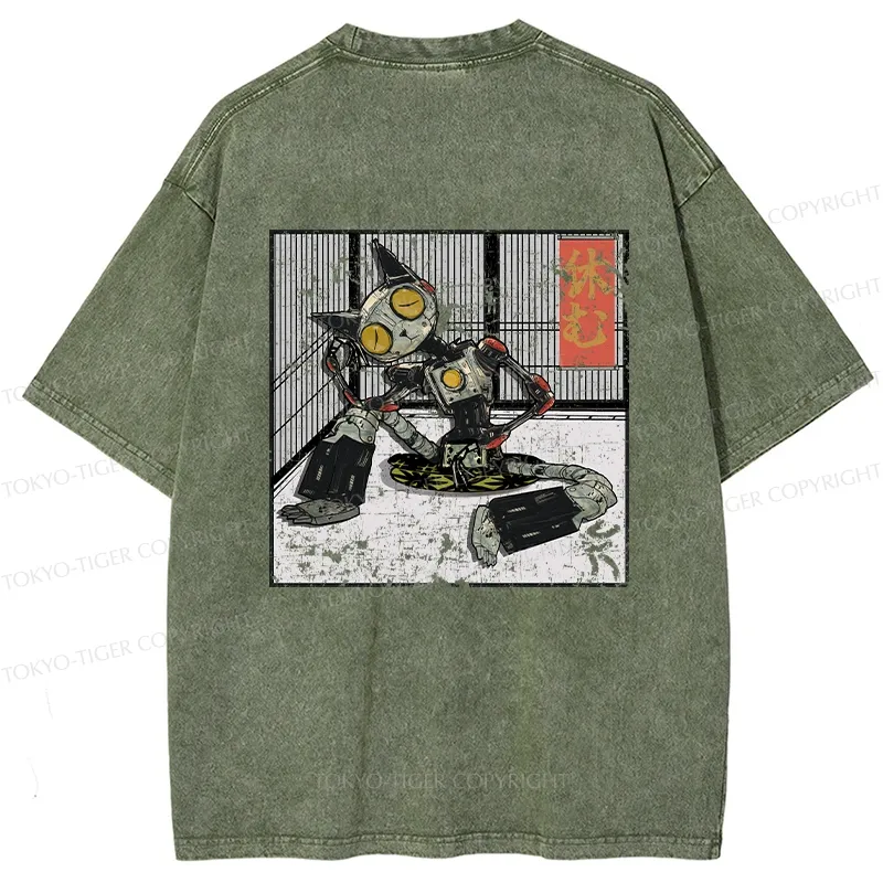 Tokyo-Tiger Robot Cat Taking A Rest Back Washed T-Shirt