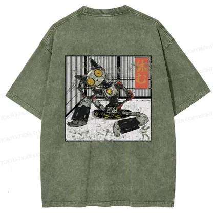 Tokyo-Tiger Robot Cat Taking A Rest Back Washed T-Shirt