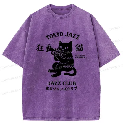 Tokyo-Tiger Cat Blowing Trumpet Washed T-Shirt