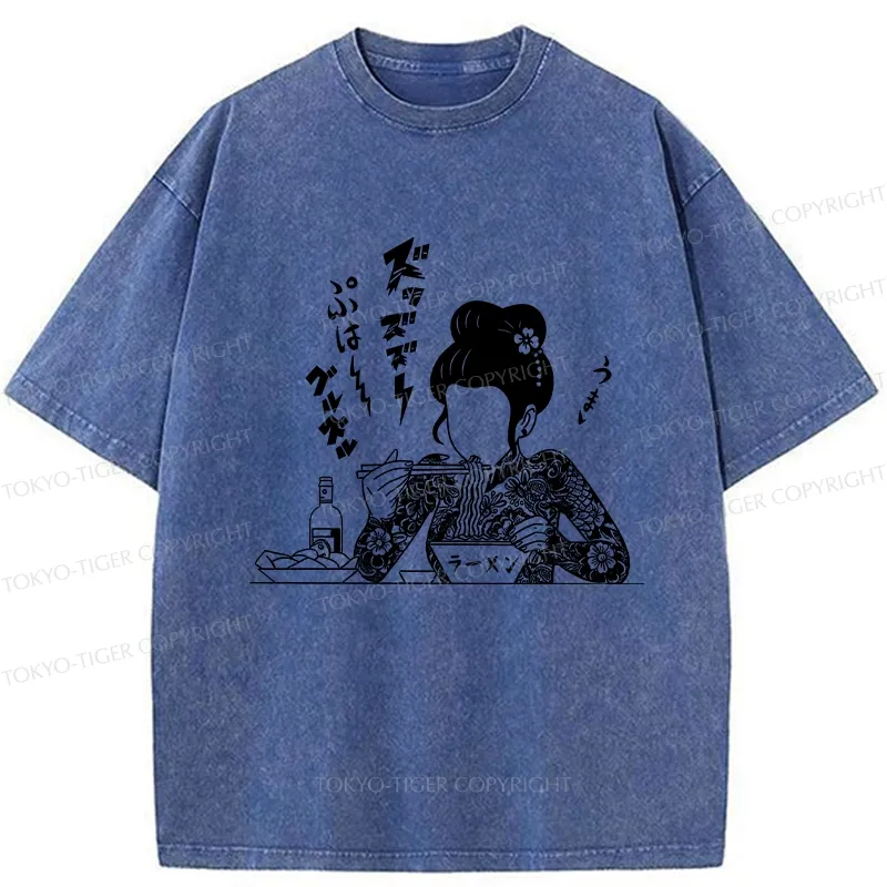 Tokyo-Tiger Japanese Beauty Eating Ramen Washed T-Shirt