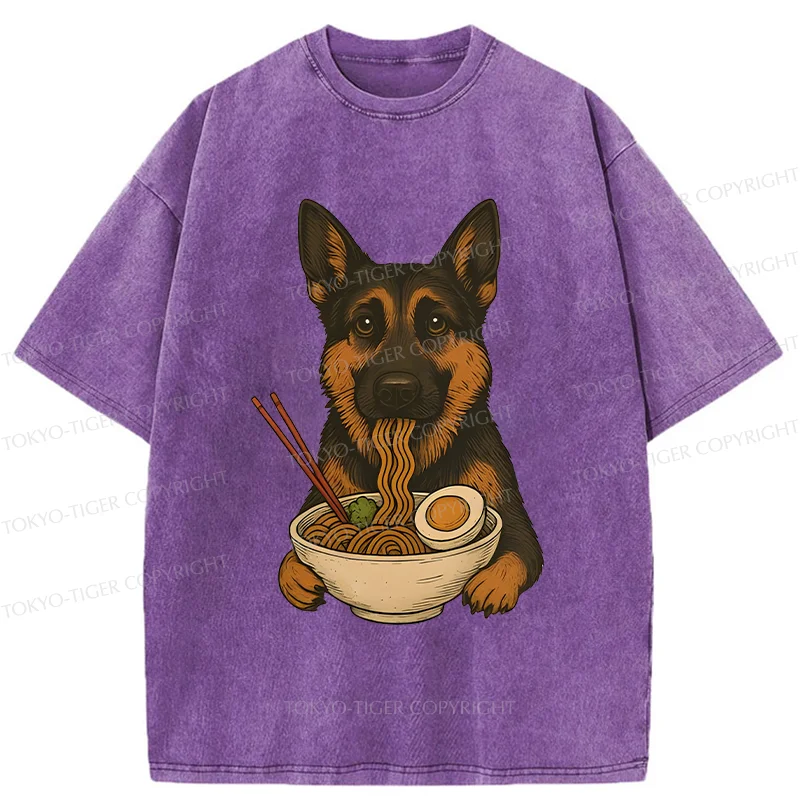 Tokyo-Tiger German Shepherd Eating Ramen Washed T-Shirt