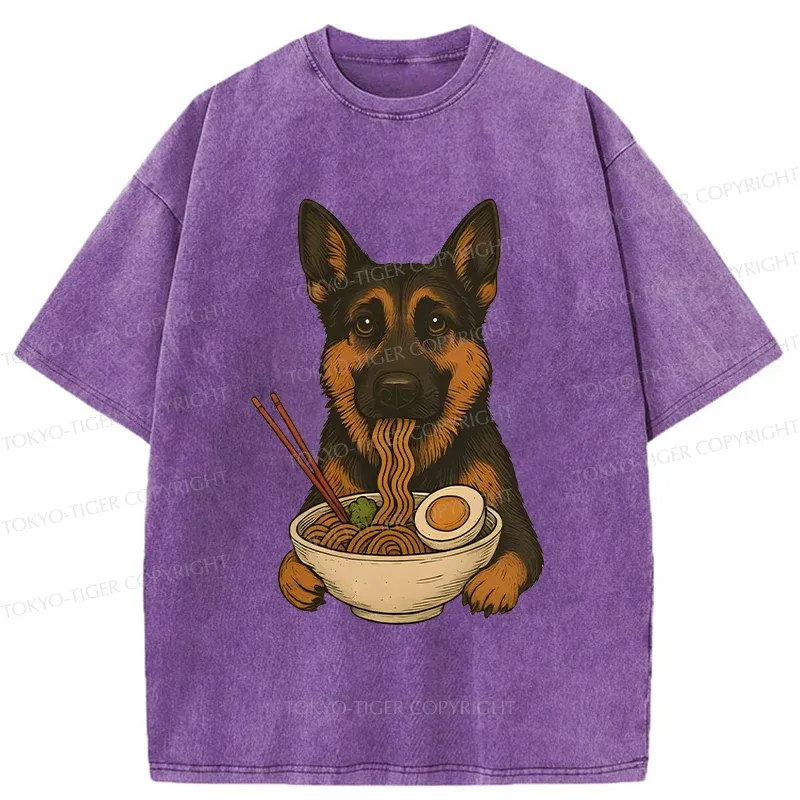 Tokyo-Tiger German Shepherd Eating Ramen Washed T-Shirt