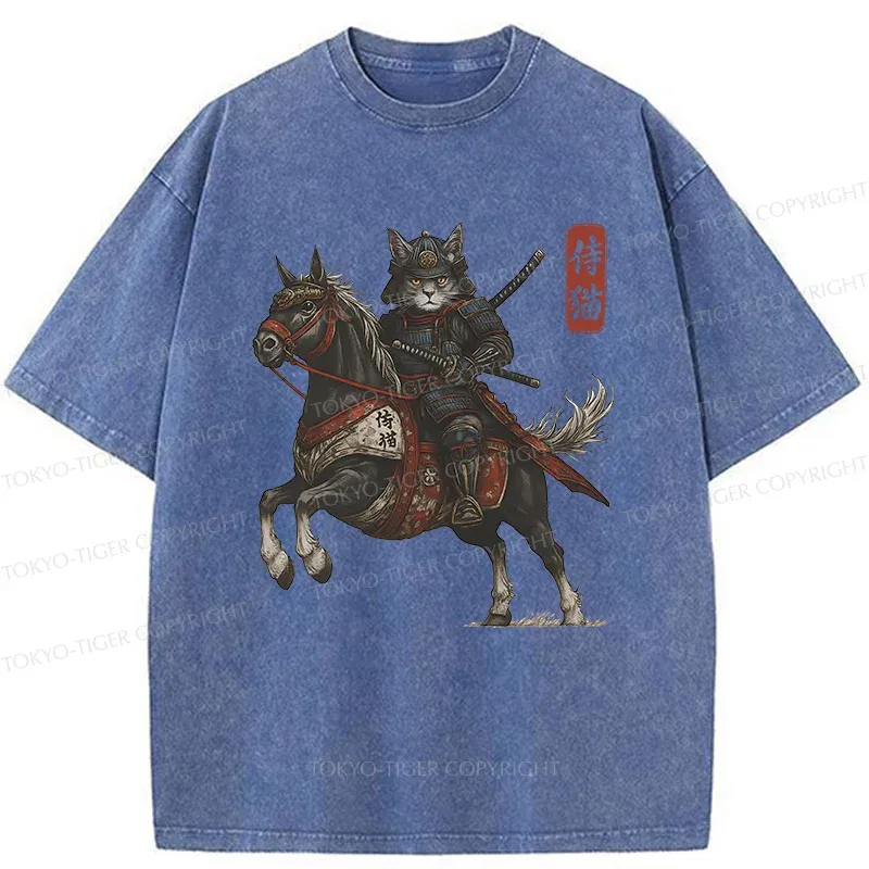 Tokyo-Tiger Cat Samurai Riding A Horse Washed T-Shirt