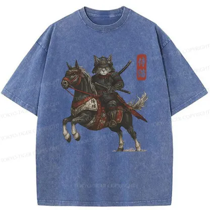 Tokyo-Tiger Cat Samurai Riding A Horse Washed T-Shirt