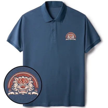 Tokyo-Tiger Japanese Komainu Embroidered Polo T-Shirt