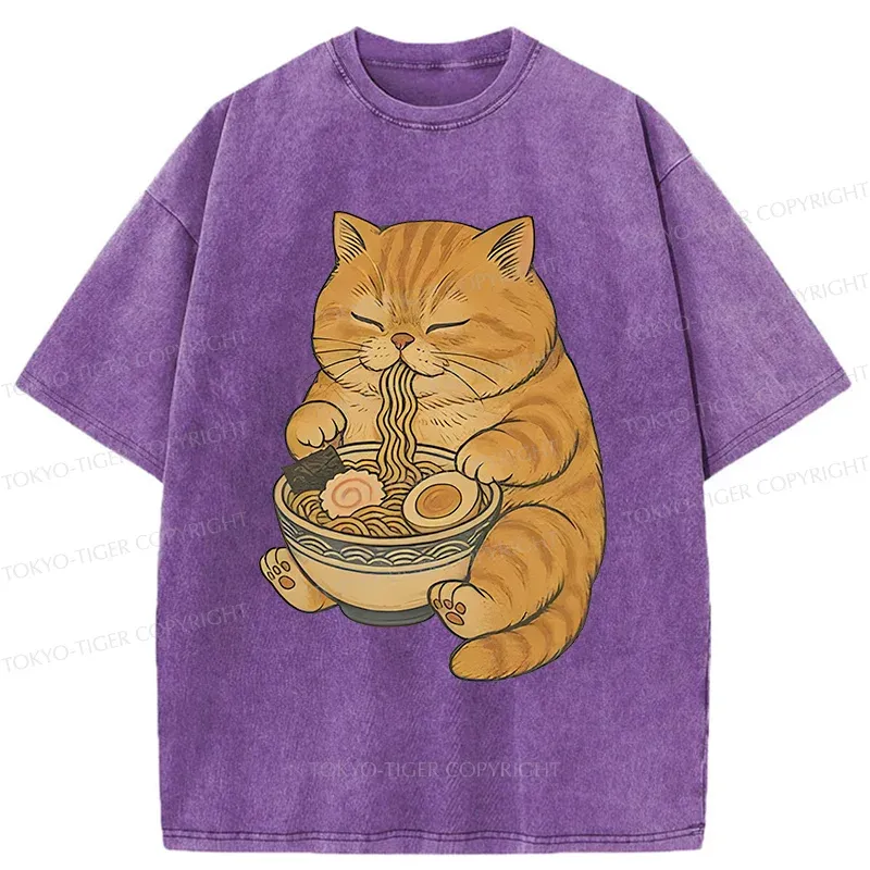 Tokyo-Tiger Orange Cat Eating Ramen Washed T-Shirt