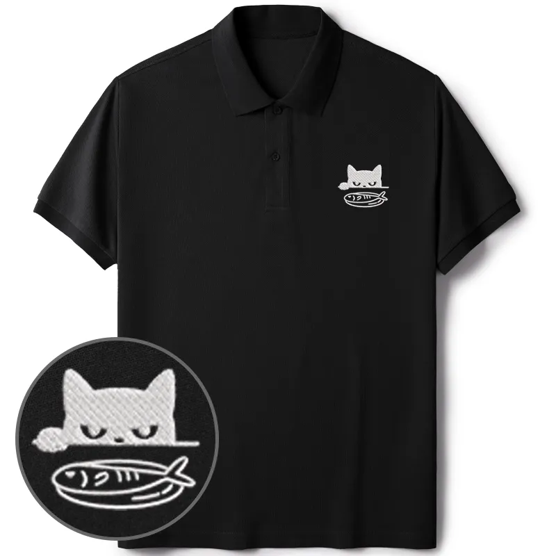 Tokyo-Tiger Cat Staring At Fish Embroidered Polo T-Shirt