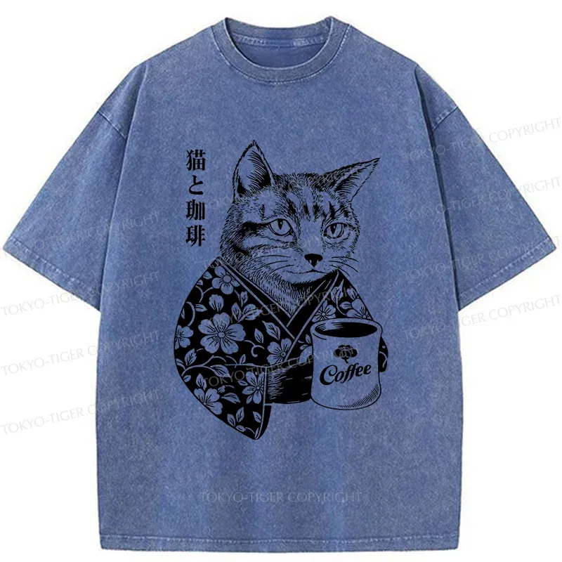 Tokyo-Tiger Cat And Coffee Washed T-Shirt