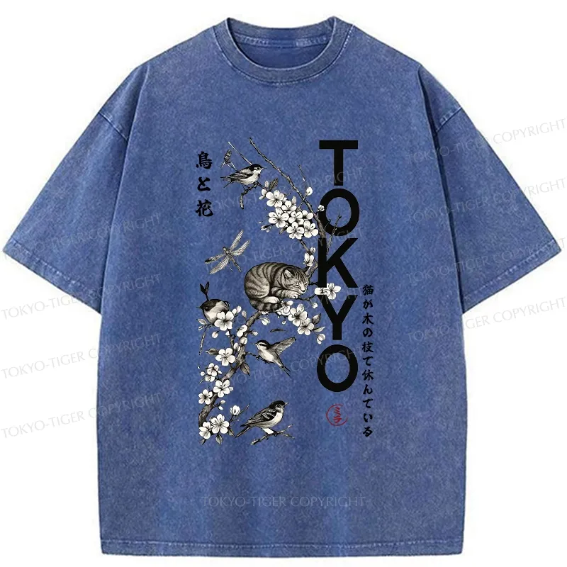 Tokyo-Tiger Cat Resting On A Branch Washed T-Shirt