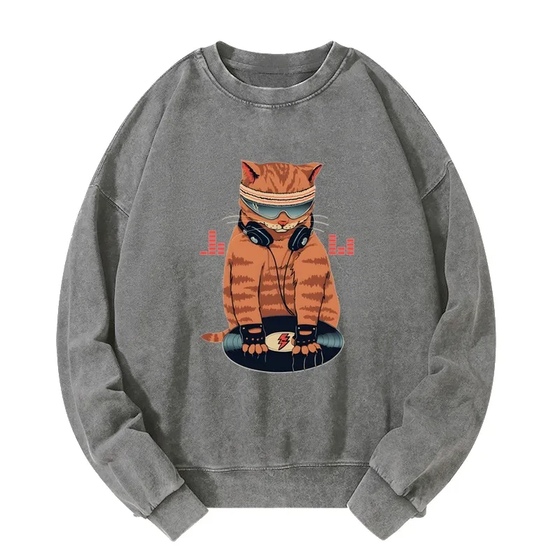 Tokyo-Tiger Funny Cat DJ Washed Sweatshirt