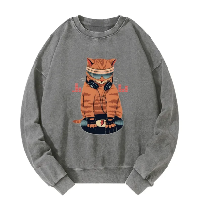 Tokyo-Tiger Funny Cat DJ Washed Sweatshirt