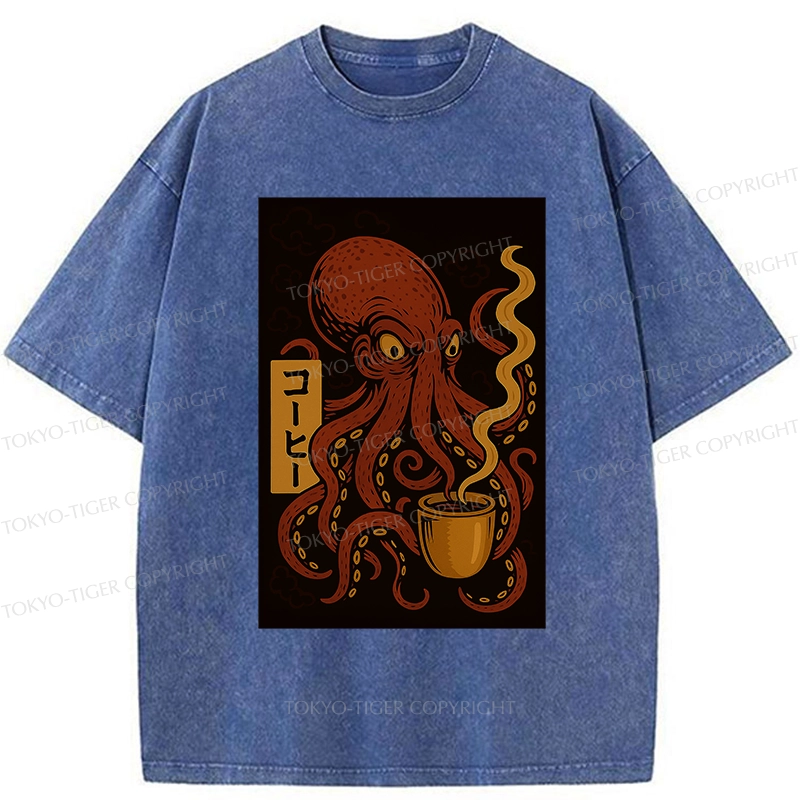 Tokyo-Tiger Octopus Drinking Coffee Washed T-Shirt