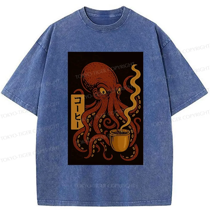 Tokyo-Tiger Octopus Drinking Coffee Washed T-Shirt