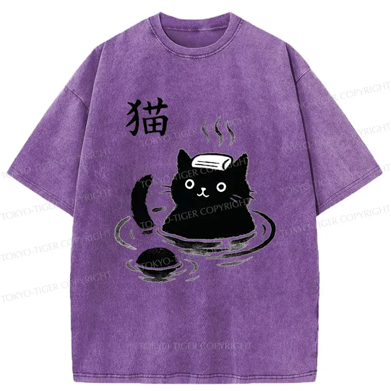 Tokyo-Tiger Cat Bathing In Hot Spring Washed T-Shirt