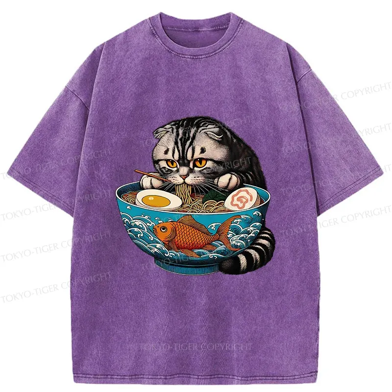 Tokyo-Tiger American Shorthair Cat Eating Ramen Washed T-Shirt
