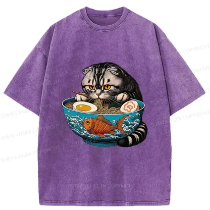 Tokyo-Tiger American Shorthair Cat Eating Ramen Washed T-Shirt