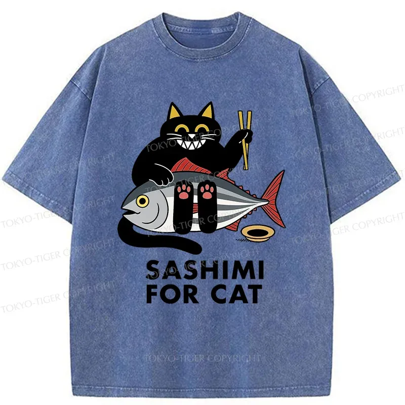 Tokyo-Tiger Black Cat Eating Sashimi Washed T-Shirt