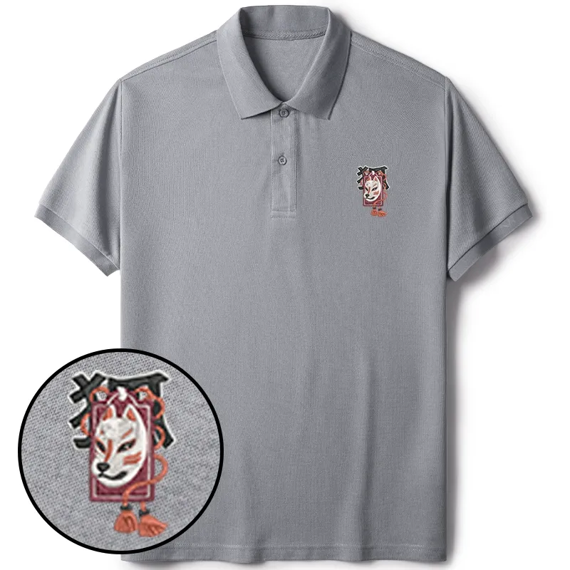 Tokyo-Tiger Japanese Fox Mask Embroidered Polo T-Shirt