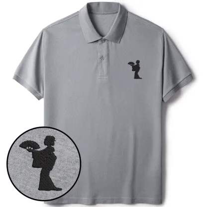 Tokyo-Tiger Geisha Holding A Fan Embroidered Polo T-Shirt