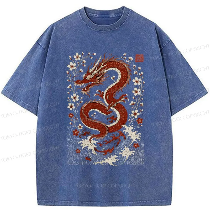 Tokyo-Tiger Retro Dragon And Sakura Washed T-Shirt