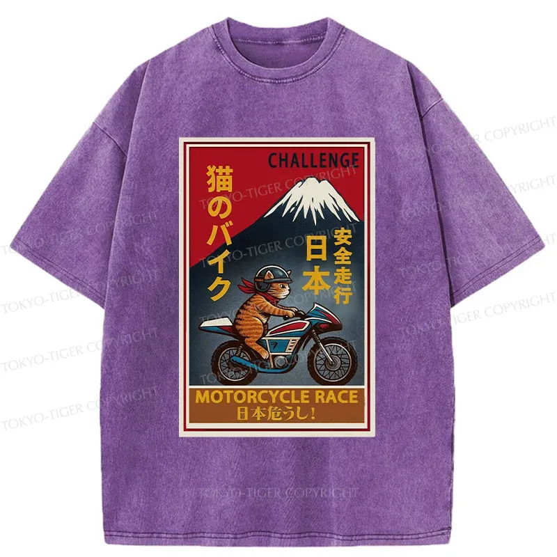 Tokyo-Tiger Cat Riding A Motorcycle Washed T-Shirt
