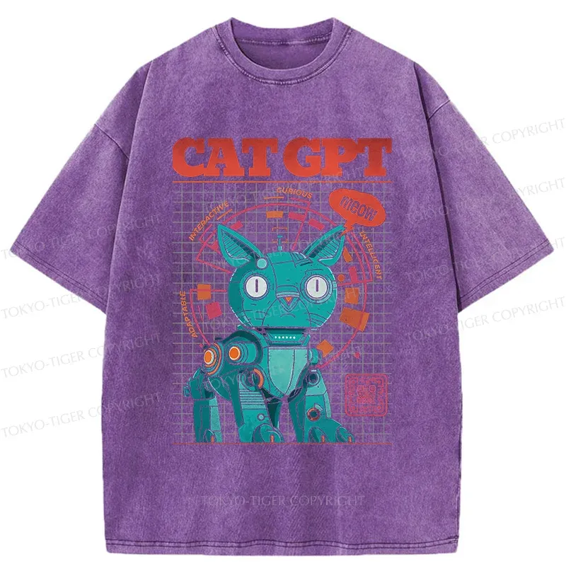 Tokyo-Tiger Machine Cat Retro Washed T-Shirt