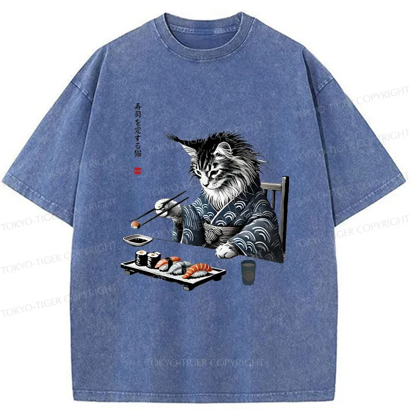 Tokyo-Tiger Cat Eating Sushi Japan Washed T-Shirt