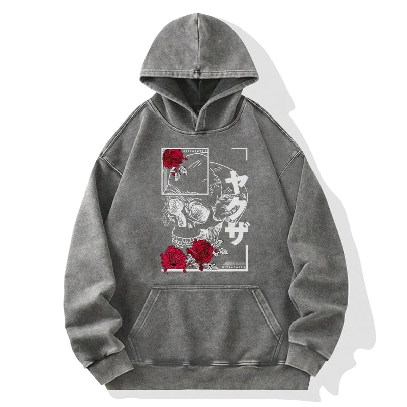 Tokyo-Tiger Skull Roses Japanese Aesthetic Washed Hoodie