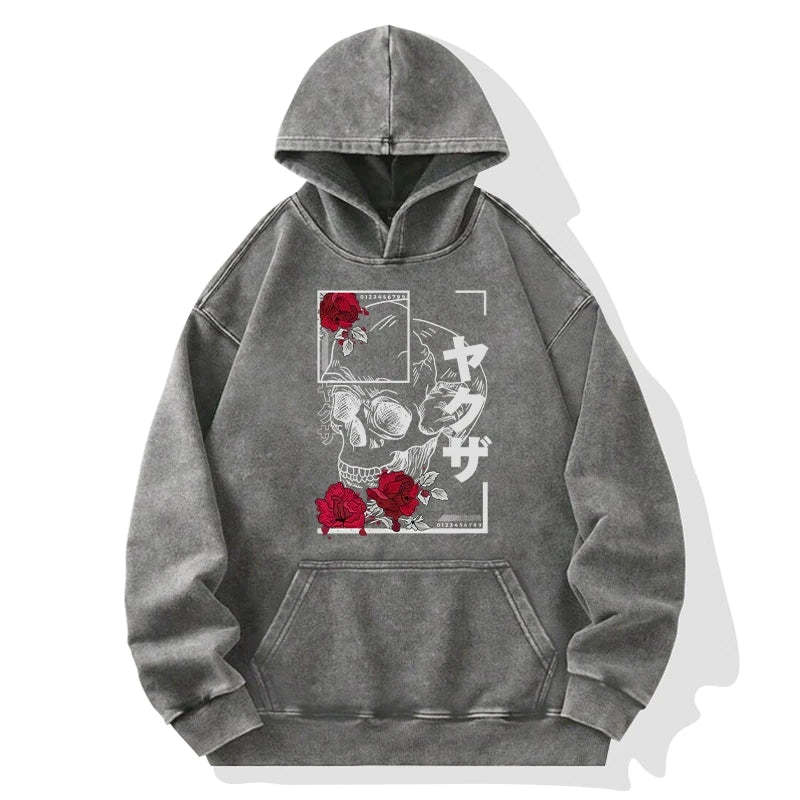 Tokyo-Tiger Skull Roses Japanese Aesthetic Washed Hoodie