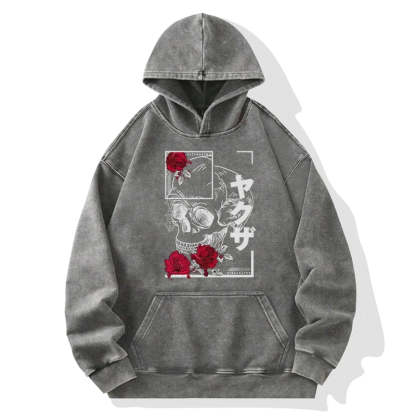 Tokyo-Tiger Skull Roses Japanese Aesthetic Washed Hoodie