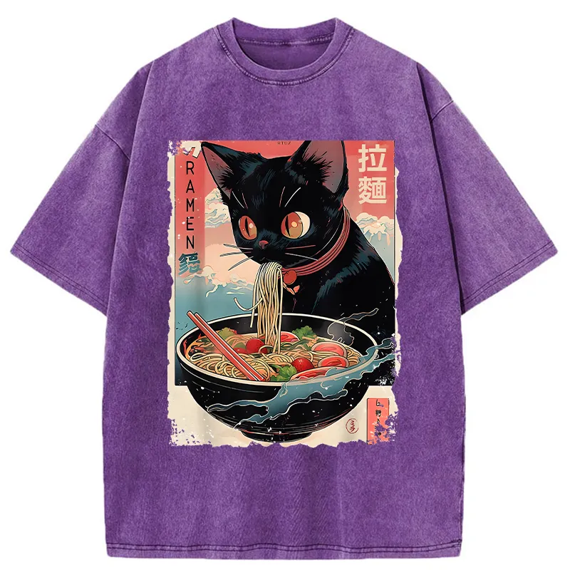 Tokyo-Tiger Black Cat Eating Ramen Japanese Washed T-Shirt