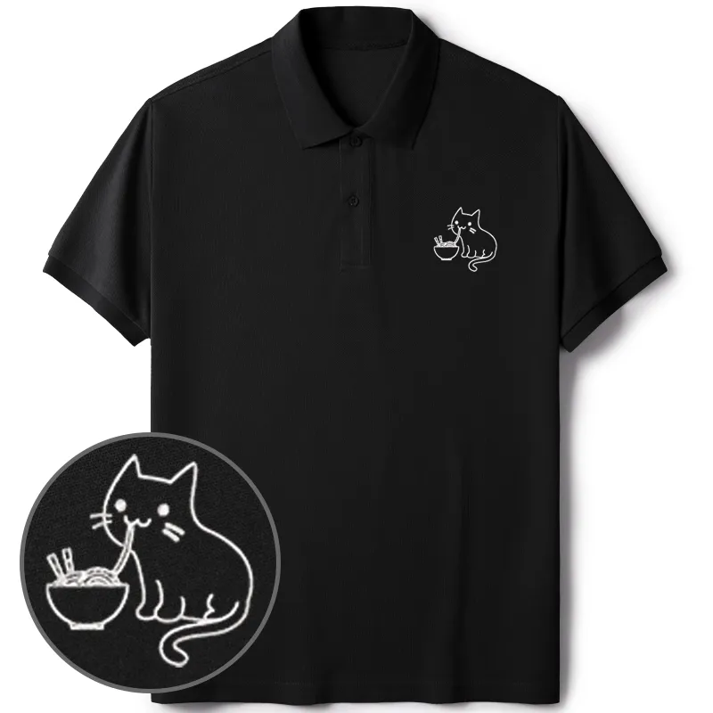 Tokyo-Tiger Ramen Lover Kawaii Cat Embroidered Polo T-Shirt