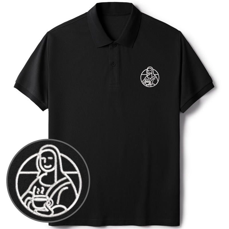 Tokyo-Tiger Mona Lisa Drinking Coffee Embroidered Polo T-Shirt