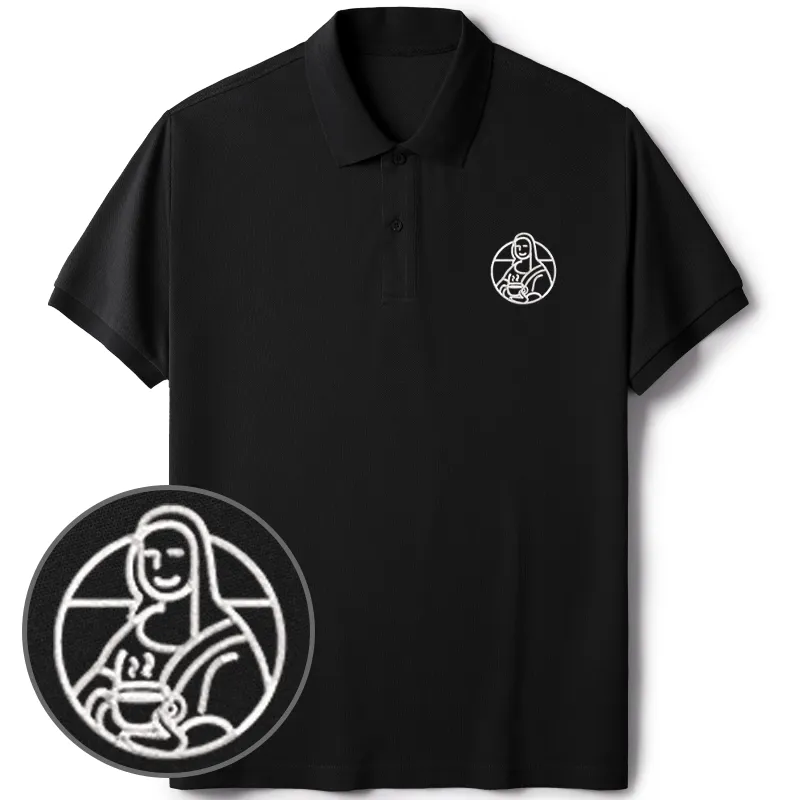 Tokyo-Tiger Mona Lisa Drinking Coffee Embroidered Polo T-Shirt