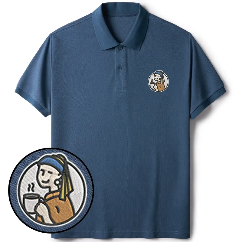 Tokyo-Tiger Girl With Pearl Earrings Drinks Coffee Embroidered Polo T-Shirt