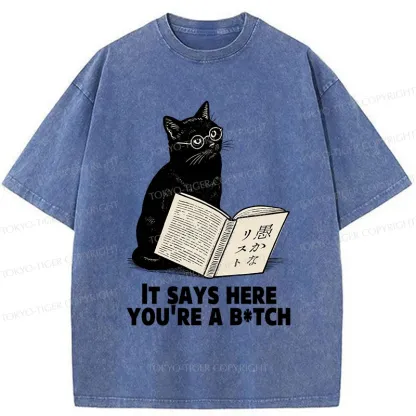 Tokyo-Tiger Black Cat With Glasses Washed T-Shirt