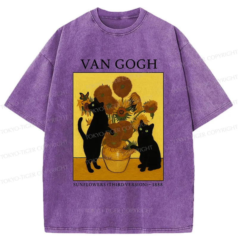 Tokyo-Tiger Sunflower And Cat Washed T-Shirt