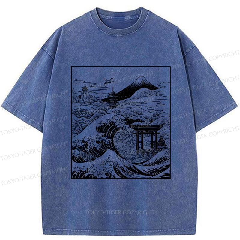 Tokyo-Tiger Retro Japanese landscape Washed T-Shirt