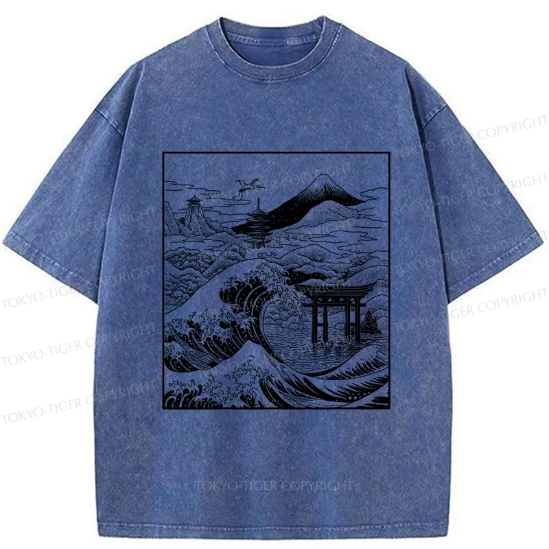 Tokyo-Tiger Retro Japanese landscape Washed T-Shirt