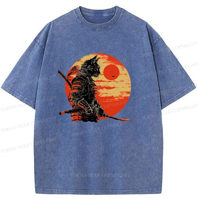 Tokyo-Tiger Cat Samurai And Sunset Washed T-Shirt