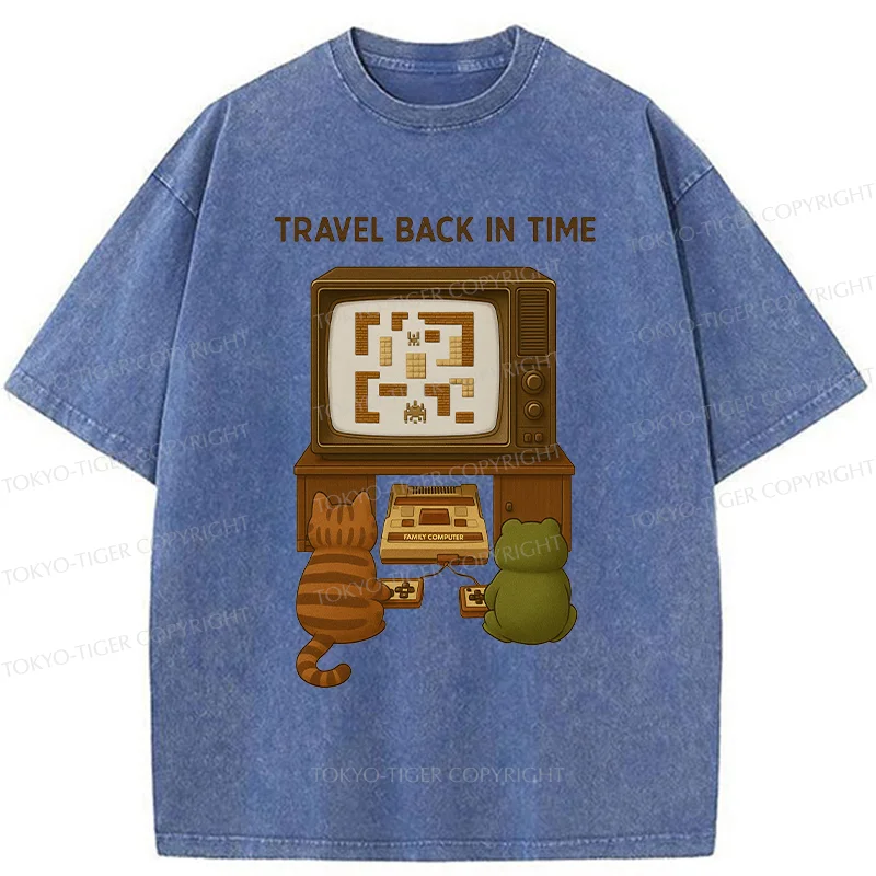 Tokyo-Tiger Cat And Frog Playing Games Washed T-Shirt