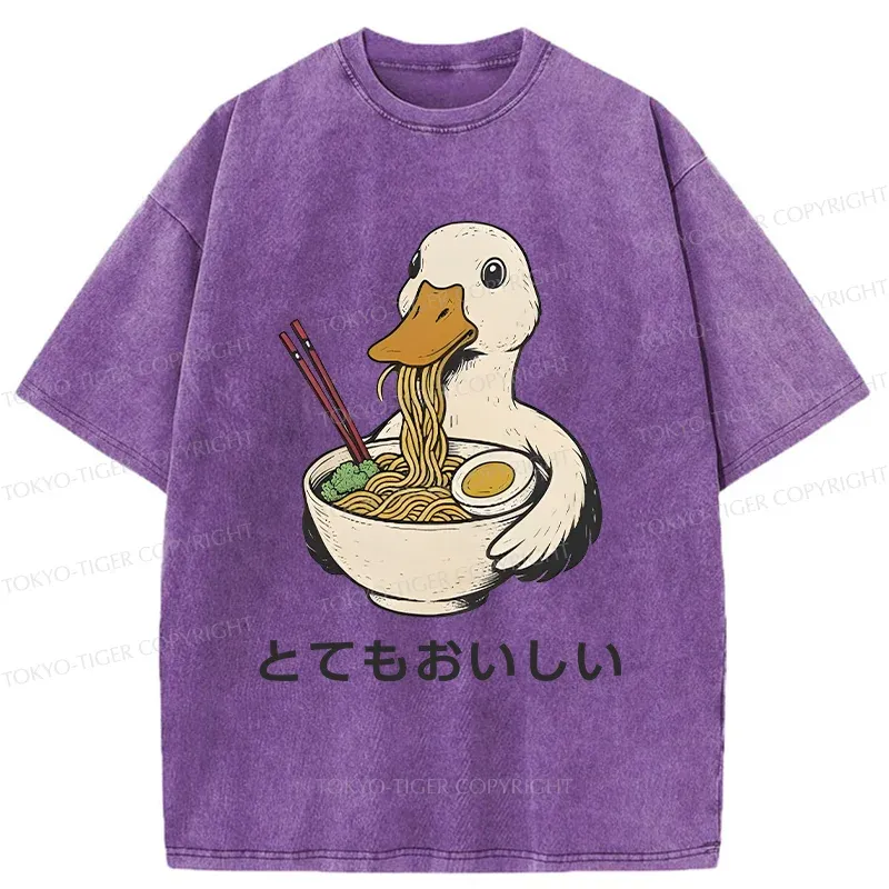 Tokyo-Tiger Goose Eating Delicious Ramen Washed T-Shirt